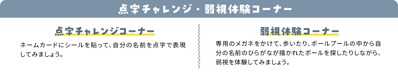 点字チャレンジ・弱視体験コーナー 点字チャレンジコーナー ネームカードにシールを貼って、自分の名前を点字で表現してみましょう。弱視体験コーナー 専用のメガネをかけて、歩いたり、ボールプールの中から自分の名前のひらがなが描かれたボールを探したりしながら、弱視を体験してみましょう。